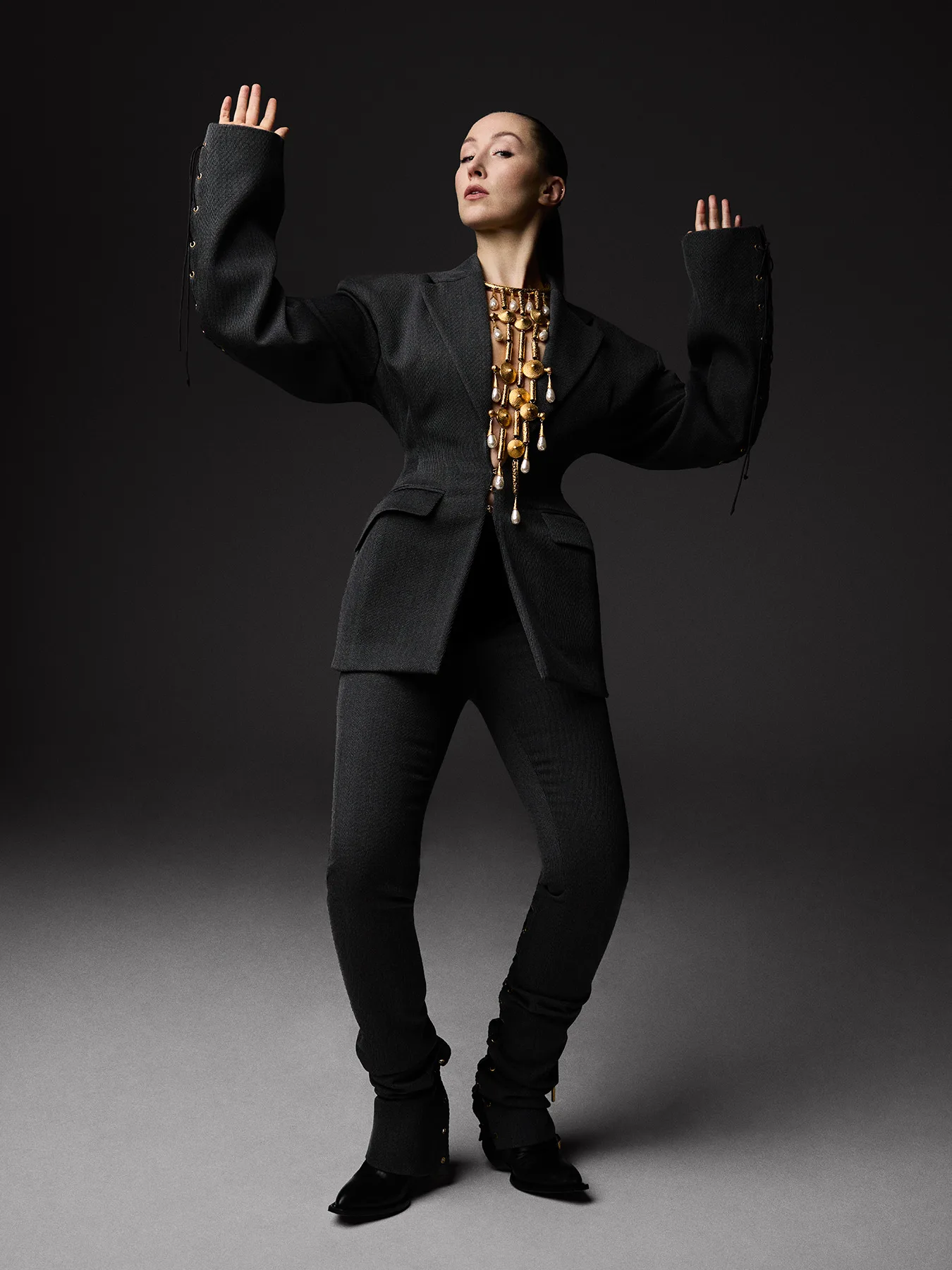 Actor Erin Doherty photographed for the observer magazine wearing high fashion brands